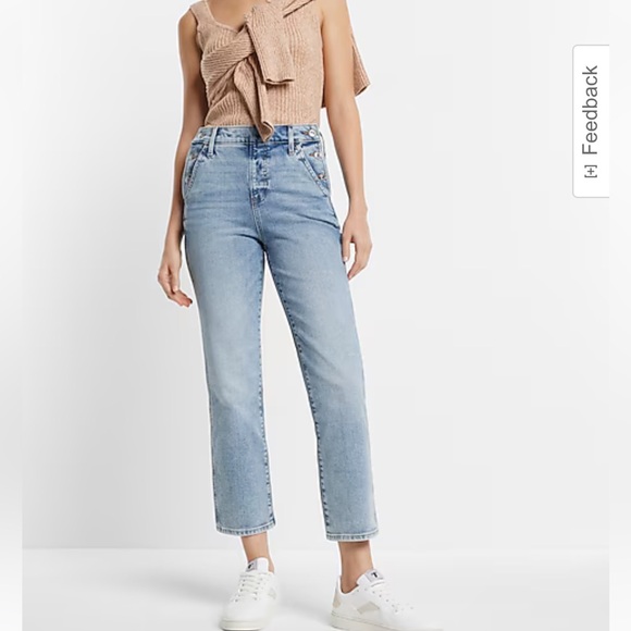 Express Denim - Express High Waisted Light Wash Side Button Straight Ankle Jeans Size 6 Long